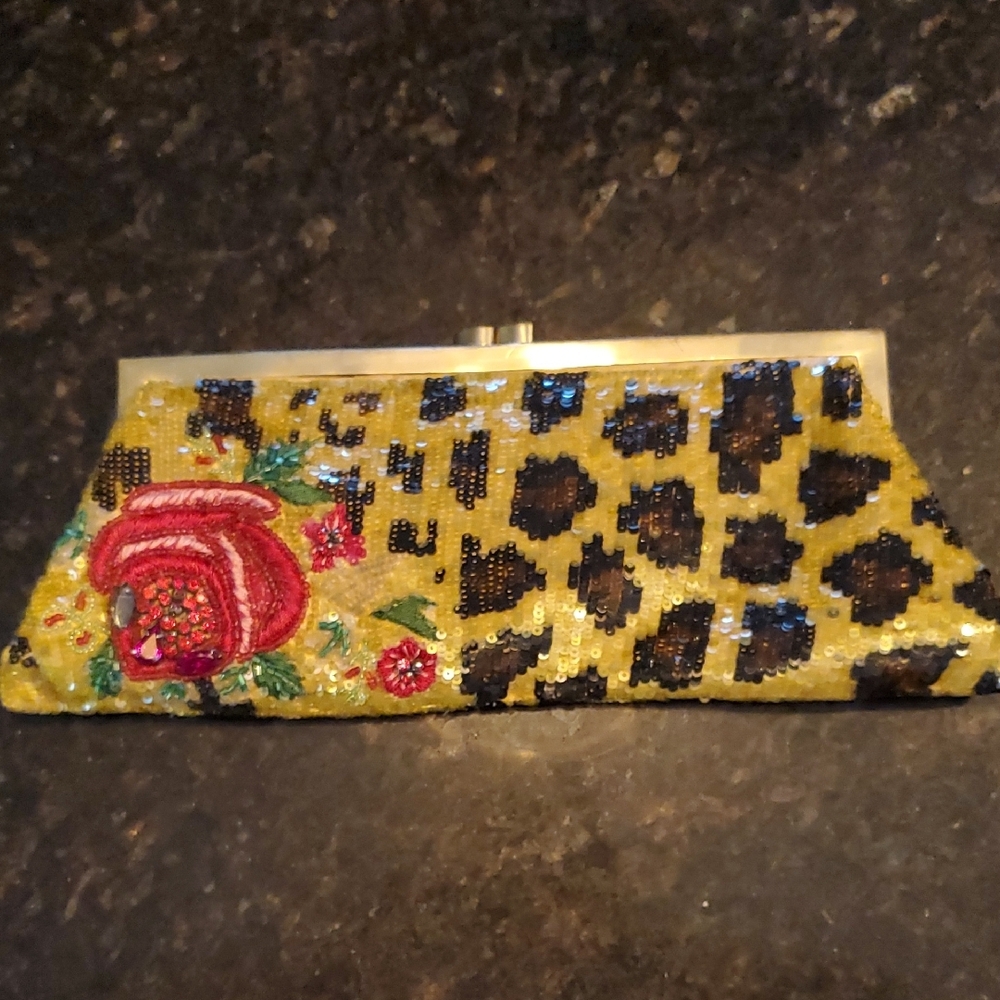Leopard Print Clutch with Floral Embroidery